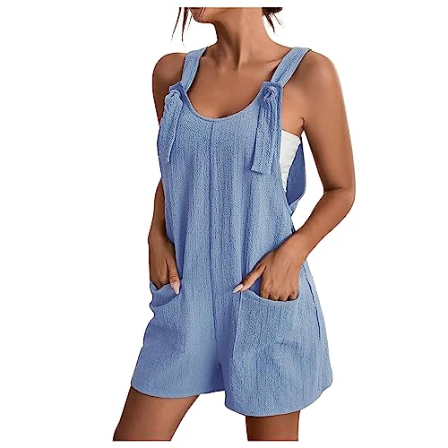 Overall Damen Sommer Kurz Jumpsuit Baumwolle Leinen Latzhosen Ärmellos Lässiger Trägerhose Elegant Leicht Einteiler Shorts Einfarbig Mode Arbeitshose mit Taschen Playsuit Sport Romper von EMATOP