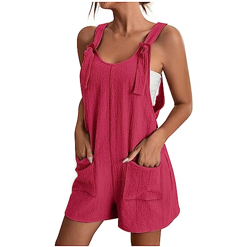 Overall Damen Sommer Kurz Jumpsuit Baumwolle Leinen Latzhosen Ärmellos Lässiger Trägerhose Elegant Leicht Einteiler Shorts Einfarbig Mode Arbeitshose mit Taschen Playsuit Sport Romper von EMATOP