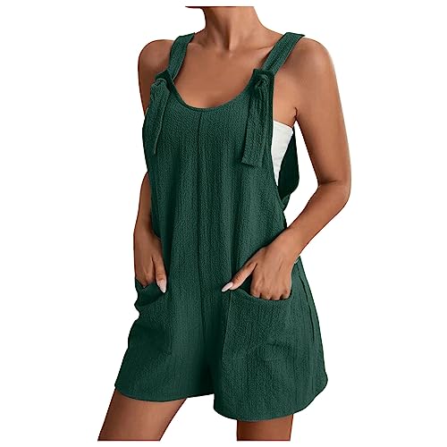 EMATOP Overall Damen Sommer Kurz Jumpsuit Baumwolle Leinen Latzhosen Ärmellos Lässiger Trägerhose Elegant Leicht Einteiler Shorts Einfarbig Mode Arbeitshose mit Taschen Playsuit Sport Romper von EMATOP
