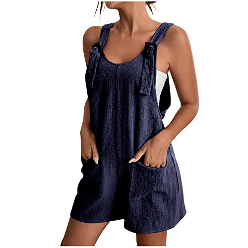 Overall Damen Sommer Kurz Jumpsuit Baumwolle Leinen Latzhosen Ärmellos Lässiger Trägerhose Elegant Leicht Einteiler Shorts Einfarbig Mode Arbeitshose mit Taschen Playsuit Sport Romper von EMATOP