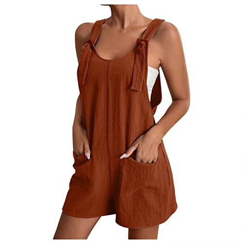 Overall Damen Sommer Kurz Jumpsuit Baumwolle Leinen Latzhosen Ärmellos Lässiger Trägerhose Elegant Leicht Einteiler Shorts Einfarbig Mode Arbeitshose mit Taschen Playsuit Sport Romper von EMATOP