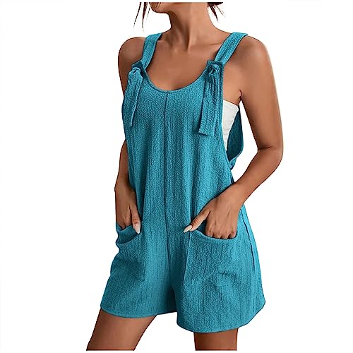 Overall Damen Sommer Kurz Jumpsuit Baumwolle Leinen Latzhosen Ärmellos Lässiger Trägerhose Elegant Leicht Einteiler Shorts Einfarbig Mode Arbeitshose mit Taschen Playsuit Sport Romper von EMATOP