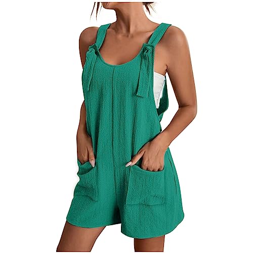 Overall Damen Sommer Kurz Jumpsuit Baumwolle Leinen Latzhosen Ärmellos Lässiger Trägerhose Elegant Leicht Einteiler Shorts Einfarbig Mode Arbeitshose mit Taschen Playsuit Sport Romper von EMATOP