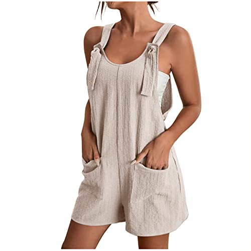 EMATOP Overall Damen Sommer Kurz Jumpsuit Baumwolle Leinen Latzhosen Ärmellos Lässiger Trägerhose Elegant Leicht Einteiler Shorts Einfarbig Mode Arbeitshose mit Taschen Playsuit Sport Romper von EMATOP