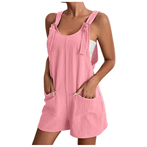 Overall Damen Sommer Kurz Jumpsuit Baumwolle Leinen Latzhosen Ärmellos Lässiger Trägerhose Elegant Leicht Einteiler Shorts Einfarbig Mode Arbeitshose mit Taschen Playsuit Sport Romper von EMATOP