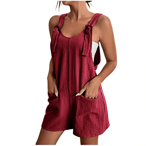 Overall Damen Sommer Kurz Jumpsuit Baumwolle Leinen Latzhosen Ärmellos Lässiger Trägerhose Elegant Leicht Einteiler Shorts Einfarbig Mode Arbeitshose mit Taschen Playsuit Sport Romper von EMATOP