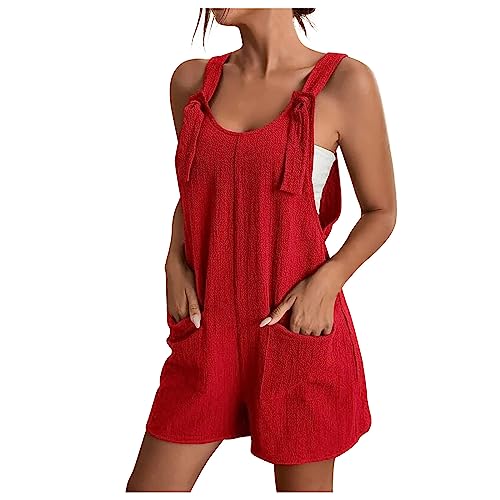 Overall Damen Sommer Kurz Jumpsuit Baumwolle Leinen Latzhosen Ärmellos Lässiger Trägerhose Elegant Leicht Einteiler Shorts Einfarbig Mode Arbeitshose mit Taschen Playsuit Sport Romper von EMATOP