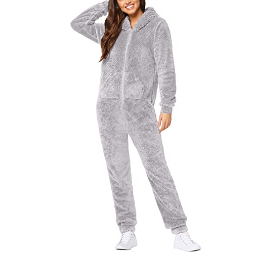 EMATOP Overall Damen Winter Warm Jumpsuit Flauschig Schlafanzug Teddy Fleece Einteiler Onesie Kuschelig Weich Ganzkörperanzug Lang Einfarbig Hausanzug mit Kapuze Pyjama Plüsch Trainingsanzug von EMATOP