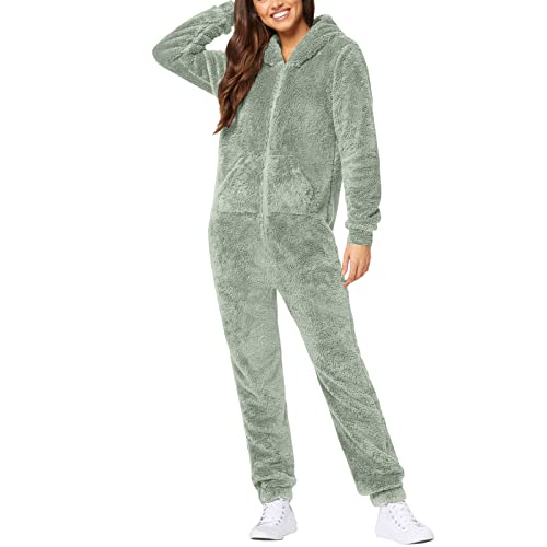 EMATOP Overall Damen Winter Warm Jumpsuit Flauschig Schlafanzug Teddy Fleece Einteiler Onesie Kuschelig Weich Ganzkörperanzug Lang Einfarbig Hausanzug mit Kapuze Pyjama Plüsch Trainingsanzug von EMATOP