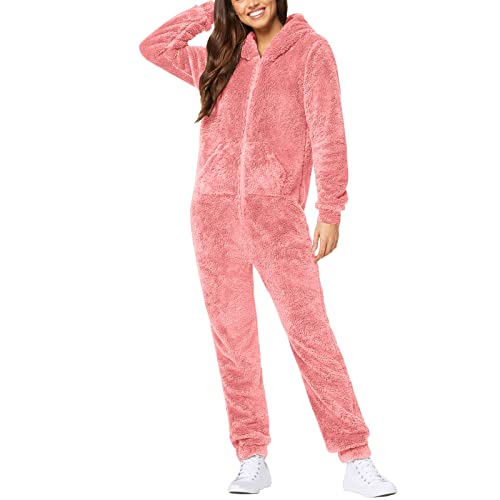 EMATOP Overall Damen Winter Warm Jumpsuit Flauschig Schlafanzug Teddy Fleece Einteiler Onesie Kuschelig Weich Ganzkörperanzug Lang Einfarbig Hausanzug mit Kapuze Pyjama Plüsch Trainingsanzug von EMATOP