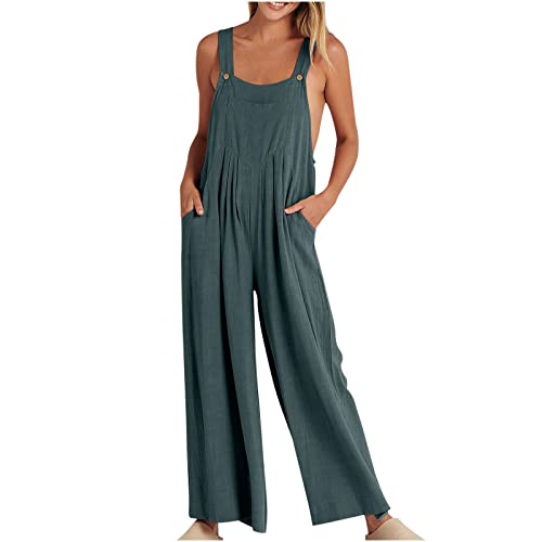 EMATOP Overalls Damen Sommer Elegant Jumpsuit Casual Baggy Latzhose Baumwolle Leinen Playsuit mit Taschen Hosenanzug Ärmellos Sexy Strampler Einfarbig Weitem Bein Sommerhose Frauen Trägerhose von EMATOP