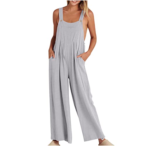 EMATOP Overalls Damen Sommer Elegant Jumpsuit Casual Baggy Latzhose Baumwolle Leinen Playsuit mit Taschen Hosenanzug Ärmellos Sexy Strampler Einfarbig Weitem Bein Sommerhose Frauen Trägerhose von EMATOP