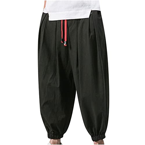 EMATOP Oversized Leinenhose Herren 7/8 Leinen Hosen Sommer Lose Haremshose Lässiges Mode Aladinhose Bequem Leichte Stoffhose Einfarbig Hippie Hosen mit Taschen Kordelzug Pumphose Sporthose von EMATOP