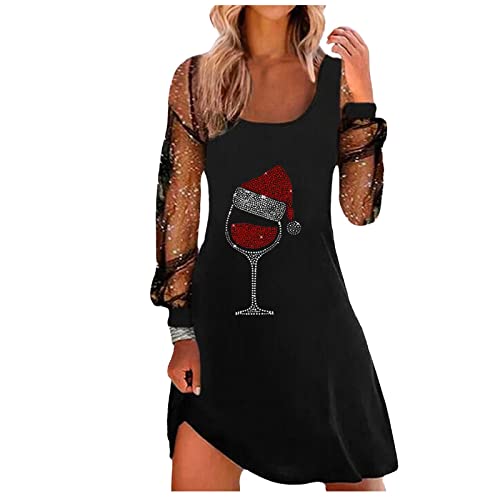 EMATOP Pailettenkleider für Damen Elegant Weihnachtskleid Lässiges Langarm Shirtkleid mit Glitzer Sweatkleid Vintage Elegant Freizeitkleider Rotweinglas Muster Minikleid Knielang Partykleid von EMATOP