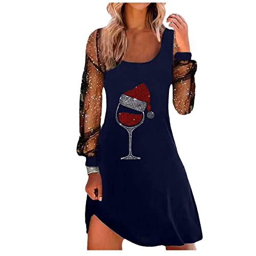 EMATOP Pailettenkleider für Damen Elegant Weihnachtskleid Lässiges Langarm Shirtkleid mit Glitzer Sweatkleid Vintage Elegant Freizeitkleider Rotweinglas Muster Minikleid Knielang Partykleid von EMATOP