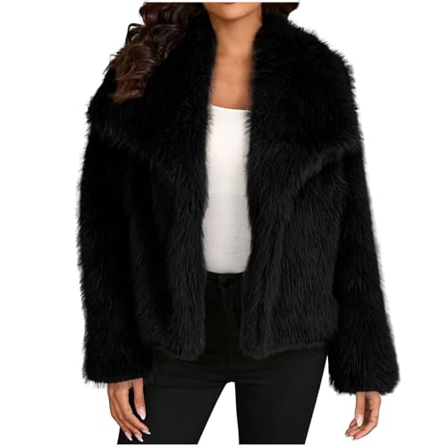EMATOP Pelzmantel Damen Warm Einfarbig Kunstpelze Jacke Kurzer Elegant Winterjacke Mode Revers Plüschjacke Flauschige Felljacke Teddy-Fleece Fellmantel Winter Outdoor Kunstfell Wintermantel von EMATOP