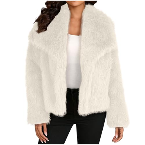 EMATOP Pelzmantel Damen Warm Einfarbig Kunstpelze Jacke Kurzer Elegant Winterjacke Mode Revers Plüschjacke Flauschige Felljacke Teddy-Fleece Fellmantel Winter Outdoor Kunstfell Wintermantel von EMATOP