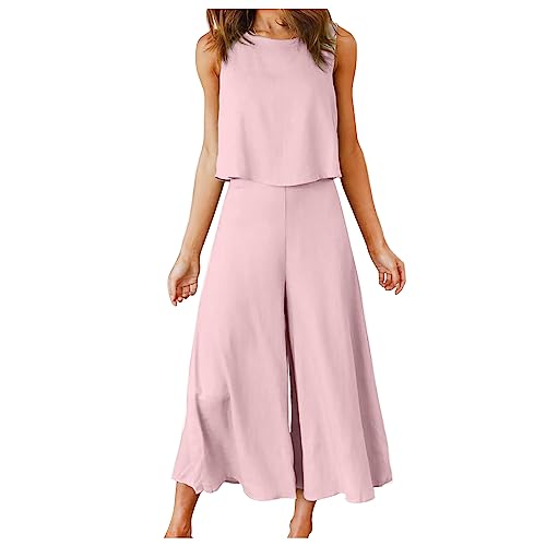 EMATOP Plissee Zweiteiler Outfit Damen Elegant Tank Top und 7/8 Weitem Bein Hose 2 Teiler Hosenanzug Set Frauen Casual Oberteil Shirt und Sommerhose Einfarbig Mode Outfits Sommer Sportanzüge von EMATOP