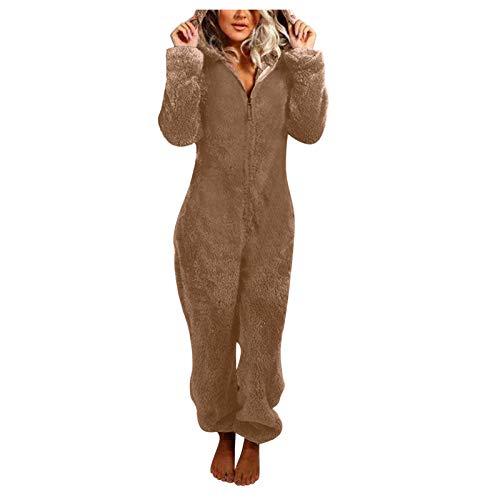 EMATOP Plüsch Jumpsuit Damen Teddy Fleece Overall Kuschelig Flauschig Schlafanzug Winter Warm Einteiler Onesie Weich Einfarbig Schlafoverall mit Kapuze Pyjama Hausanzug Gemütlich Nachtwäsche von EMATOP