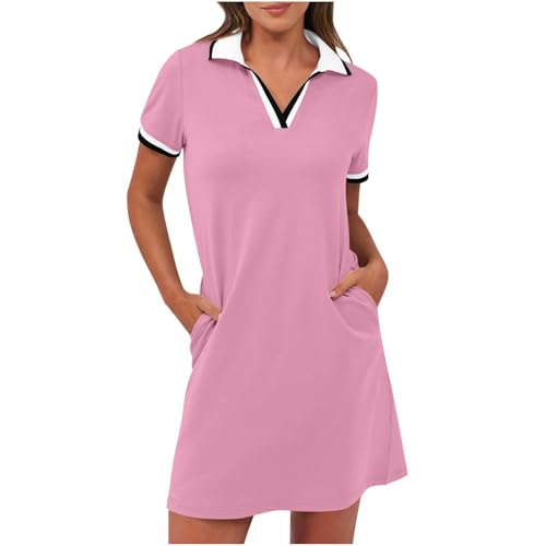 EMATOP Polokleid Damen Sommer Kurz Minikleid Knielang Shirtkleid V-Ausschnitt Elegant Tunika Kleid mit Taschen Blusenkleid Baumwolle Einfarbig Tennis Kleider Casual Leicht Shirtkleider von EMATOP