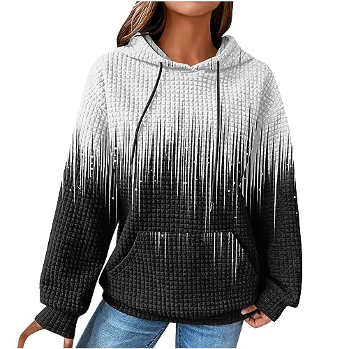 EMATOP Damen Baumwolle Hoodie Causal Langarm Kapuzenpullover Herbst Winter Warm Pullover Vintage Bunte Print Sweatshirt mit Kapuze Pulli Oberteile Mode Waffel Kapuzenpulli mit Taschen Outwear von EMATOP
