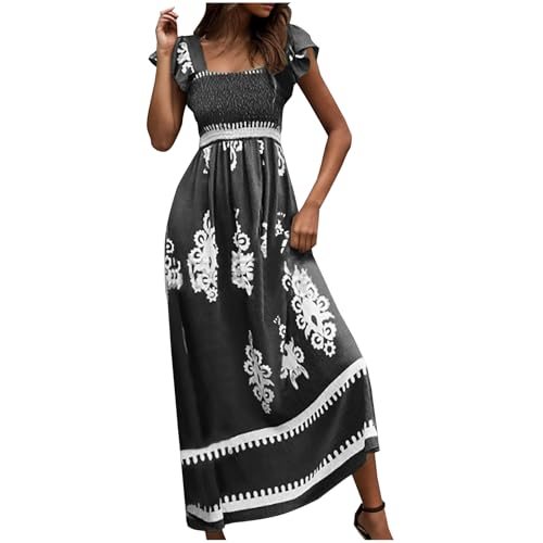 EMATOP Langes Kleider Damen Sommer Elegant Maxikleider Bunte Boho Strandkleid Lässiges Kurzarm Shirtkleid Mode U-Ausschnitt Freizeitkleid High Waist Lockeres Kleid Ethnische Drucke Ballkleid von EMATOP