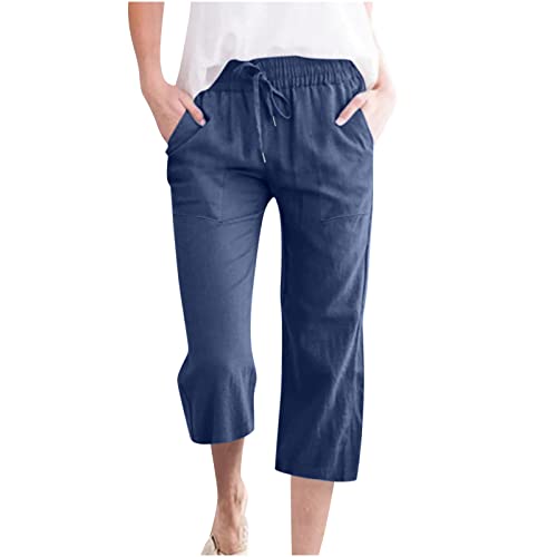EMATOP Sommer 3/4 Hose Damen Leinen Baumwolle Stoffhose Leicht Atmungsaktiv Yogahose Einfarbig Lässig Leinenhose Weites Bein Hosen mit Taschen Sommerhose Weich Bequem Sporthose für Frauen von EMATOP