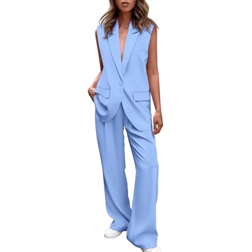 EMATOP Prime Angebote Business Outfit Damen Elegant Lang Hosenanzug Zweiteiler Sommer Blazer Weste und Hose Anzug Set Sportlich Einfarbig Tracksuit Casual Lose Longblazer Anzughose Streetwear von EMATOP