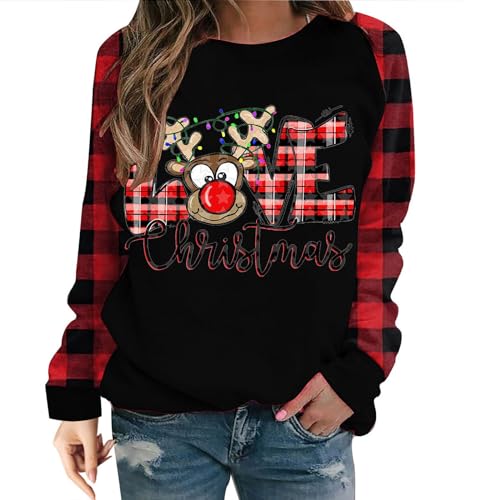 EMATOP Prime Angebote Damen Weihnachtspullover Lustig Langarm Sweatshirt Rundhals Basic Langarmshirt Bunt 3D Druck Pullover Baumwolle Vintage Weihnachtspulli Oberteile Tops von EMATOP