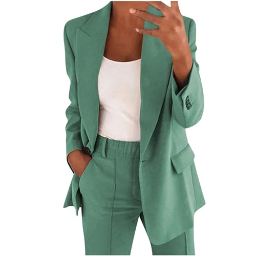 EMATOP Prime Angebote Hosenanzüge für Damen Business Sommer Anzug Set Elegant Zweiteilig Blazer Hose Outfit Slim Fit Sportlich Freizeitanzug Revers Einfarbig Longblazer Lang Hosen Tracksuit von EMATOP