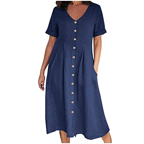 EMATOP Prime Angebote T-Shirt Kleid Damen Leinen Kurzarm Sommerkleid Casual Baumwolle Strandkleid Knielanges Midikleid Elegant V-Ausschnitt Freizeitkleid Große Größen Urlaubskleid von EMATOP