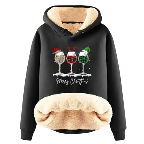 EMATOP Prime Angebote Weihnachts Hoodie Damen Warm Gefütterte Kapuzenpullover Lässige Sports Sweatshirt Lustig Rotweinglas Druck Weihnachtspullover Langarm Pullover Weihnachtspulli von EMATOP