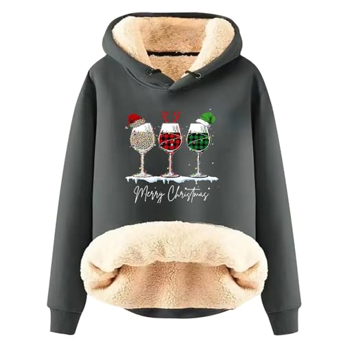 EMATOP Prime Angebote Weihnachts Hoodie Damen Warm Gefütterte Kapuzenpullover Lässige Sports Sweatshirt Lustig Rotweinglas Druck Weihnachtspullover Langarm Pullover Weihnachtspulli von EMATOP