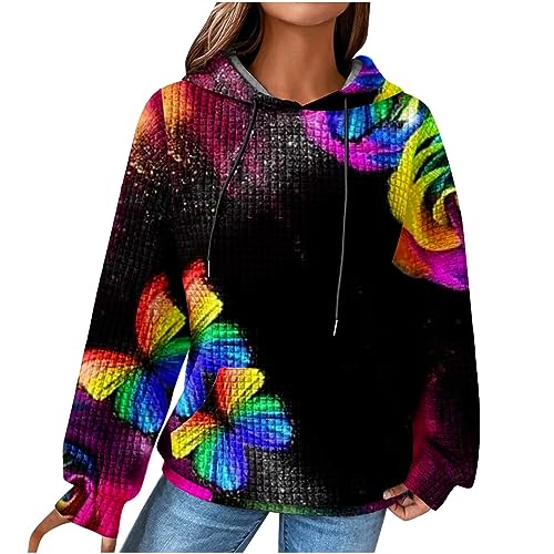 EMATOP Pulli Oberteile Damen Langarm Waffel Pullover Casual Sport Kapuzenpullover Baumwolle Leicht Sweatshirt mit Kapuze Taschen Langarmshirt Neuartige Drucke Hoodie Herbst Winter Sweatjacke von EMATOP