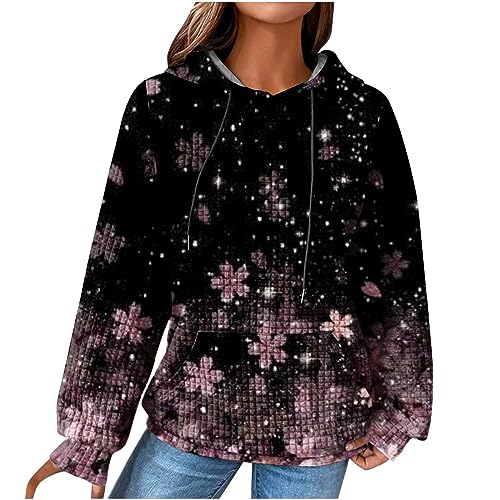 EMATOP Pulli Oberteile Damen Langarm Waffel Pullover Casual Sport Kapuzenpullover Baumwolle Leicht Sweatshirt mit Kapuze Taschen Langarmshirt Neuartige Drucke Hoodie Herbst Winter Sweatjacke von EMATOP