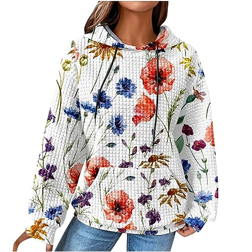 EMATOP Pulli Oberteile Damen Langarm Waffel Pullover Casual Sport Kapuzenpullover Baumwolle Leicht Sweatshirt mit Kapuze Taschen Langarmshirt Neuartige Drucke Hoodie Herbst Winter Sweatjacke von EMATOP