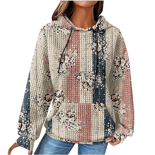 EMATOP Pulli Oberteile Damen Langarm Waffel Pullover Casual Sport Kapuzenpullover Baumwolle Leicht Sweatshirt mit Kapuze Taschen Langarmshirt Neuartige Drucke Hoodie Herbst Winter Sweatjacke von EMATOP