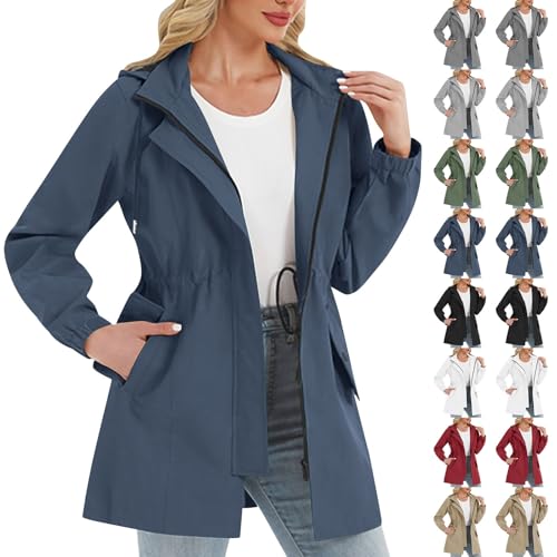 EMATOP Regenjacke Damen Wasserdicht Atmungsaktiv Funktionsjacke Leichte Outdoor Windjacke Lang Einfarbig Regenmantel mit Kapuze Jacke Casual Langarm Trenchcoat Bequem Sportlich Wanderjacke von EMATOP
