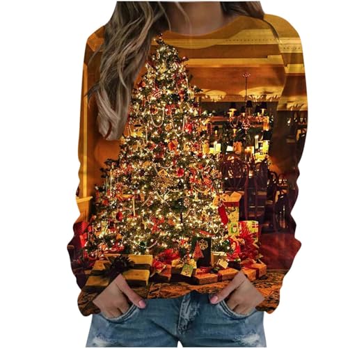 EMATOP Sale Angebote Damen Weihnachtspullover Lustig Langarm Sweatshirt Rundhals Basic Langarmshirt Bunt 3D Druck Pullover Baumwolle Vintage Weihnachtspulli Oberteile Tops von EMATOP