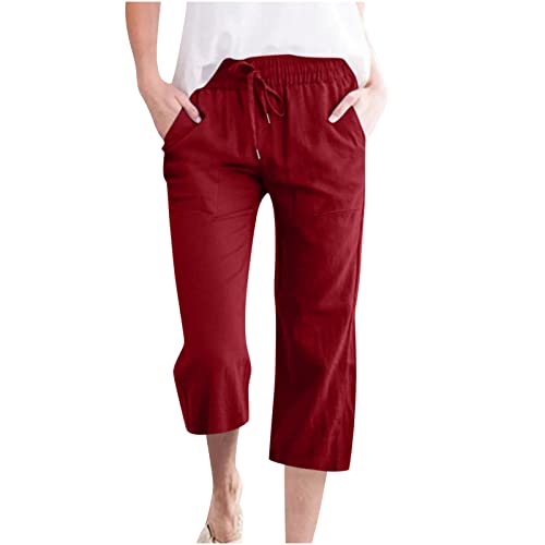 EMATOP Sommer 3/4 Hose Damen Leinen Baumwolle Stoffhose Leicht Atmungsaktiv Yogahose Einfarbig Lässig Leinenhose Weites Bein Hosen mit Taschen Sommerhose Weich Bequem Sporthose für Frauen von EMATOP