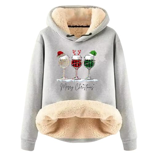 EMATOP Sale Angebote Weihnachts Hoodie Damen Warm Gefütterte Kapuzenpullover Lässige Sports Sweatshirt Lustig Rotweinglas Druck Weihnachtspullover Langarm Pullover Weihnachtspulli von EMATOP