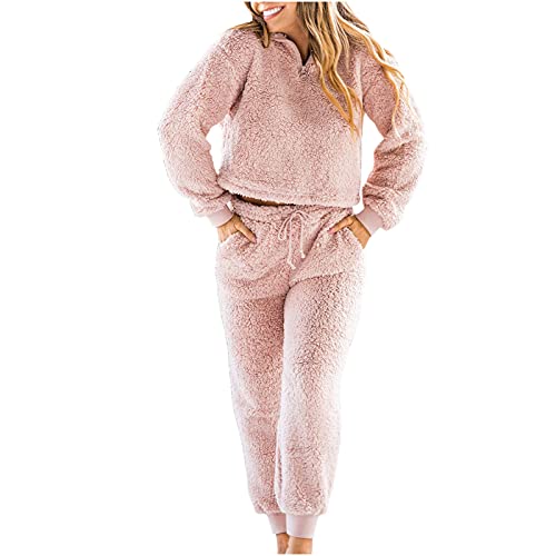 EMATOP Schlafanzug Damen Lang Warm Fleece Pyjama Set Kuschelig Winter Elegant Lang Hausanzug Flauschig Freizeitanzug Thermo Unterwäsche Einfarbig Zweiteilig Unterhemd mit Taschen Outfits von EMATOP