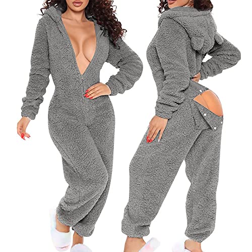 EMATOP Schlafanzug Damen Lange Kuschelig Jumpsuit Winter Warm Overalls Leicht Einfarbig Schlafoverall Elegant Langarm Einteiler Onesie mit Kapuze Ganzkörperanzug Fasching Pyjama Anzug Romper von EMATOP