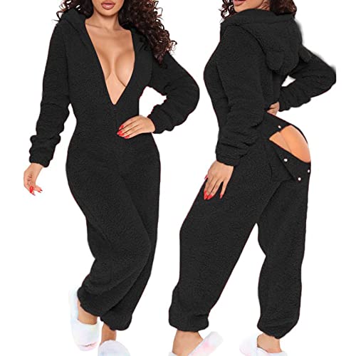 EMATOP Schlafanzug Damen Lange Kuschelig Jumpsuit Winter Warm Overalls Leicht Einfarbig Schlafoverall Elegant Langarm Einteiler Onesie mit Kapuze Ganzkörperanzug Fasching Pyjama Anzug Romper von EMATOP