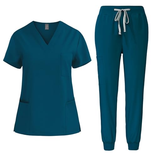 EMATOP Scrubs Set Damen Zweiteiler Kasacks Pflege Sommer Schlupfkasack + Schlupfhose Outfit Krankenschwester Arbeitskleidung Medizinische Uniform Oberteil und Hose Arztkostüm für Krankenhaus von EMATOP