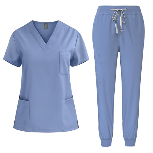 EMATOP Scrubs Set Damen Zweiteiler Kasacks Pflege Sommer Schlupfkasack + Schlupfhose Outfit Krankenschwester Arbeitskleidung Medizinische Uniform Oberteil und Hose Arztkostüm für Krankenhaus von EMATOP