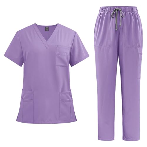 EMATOP Scrubs Set Damen Zweiteiler Kasacks Pflege Sommer Schlupfkasack + Schlupfhose Outfit Krankenschwester Arbeitskleidung Medizinische Uniform Oberteil und Hose Arztkostüm für Krankenhaus von EMATOP