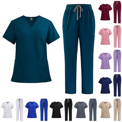 EMATOP Scrubs Set Damen Zweiteiler Kasacks Pflege Sommer Schlupfkasack + Schlupfhose Outfit Krankenschwester Arbeitskleidung Medizinische Uniform Oberteil und Hose Arztkostüm für Krankenhaus von EMATOP