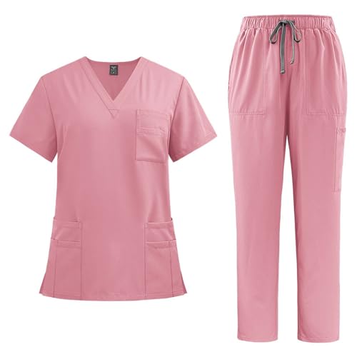 EMATOP Scrubs Set Damen Zweiteiler Kasacks Pflege Sommer Schlupfkasack + Schlupfhose Outfit Krankenschwester Arbeitskleidung Medizinische Uniform Oberteil und Hose Arztkostüm für Krankenhaus von EMATOP
