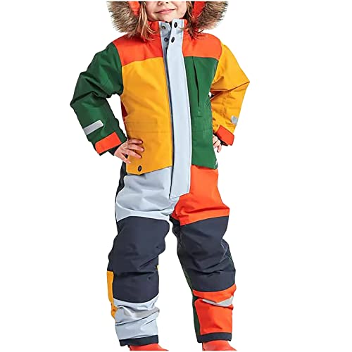 EMATOP Skioverall Kinder Unisex Wasserdicht Schneeanzug mit Kapuze Skianzug Winddicht Atmungsaktiv Schneeoverall Verdickt Warm Winteranzug Einteiliger Softshellanzug Overall (01-mehrfarbig, 100) von EMATOP